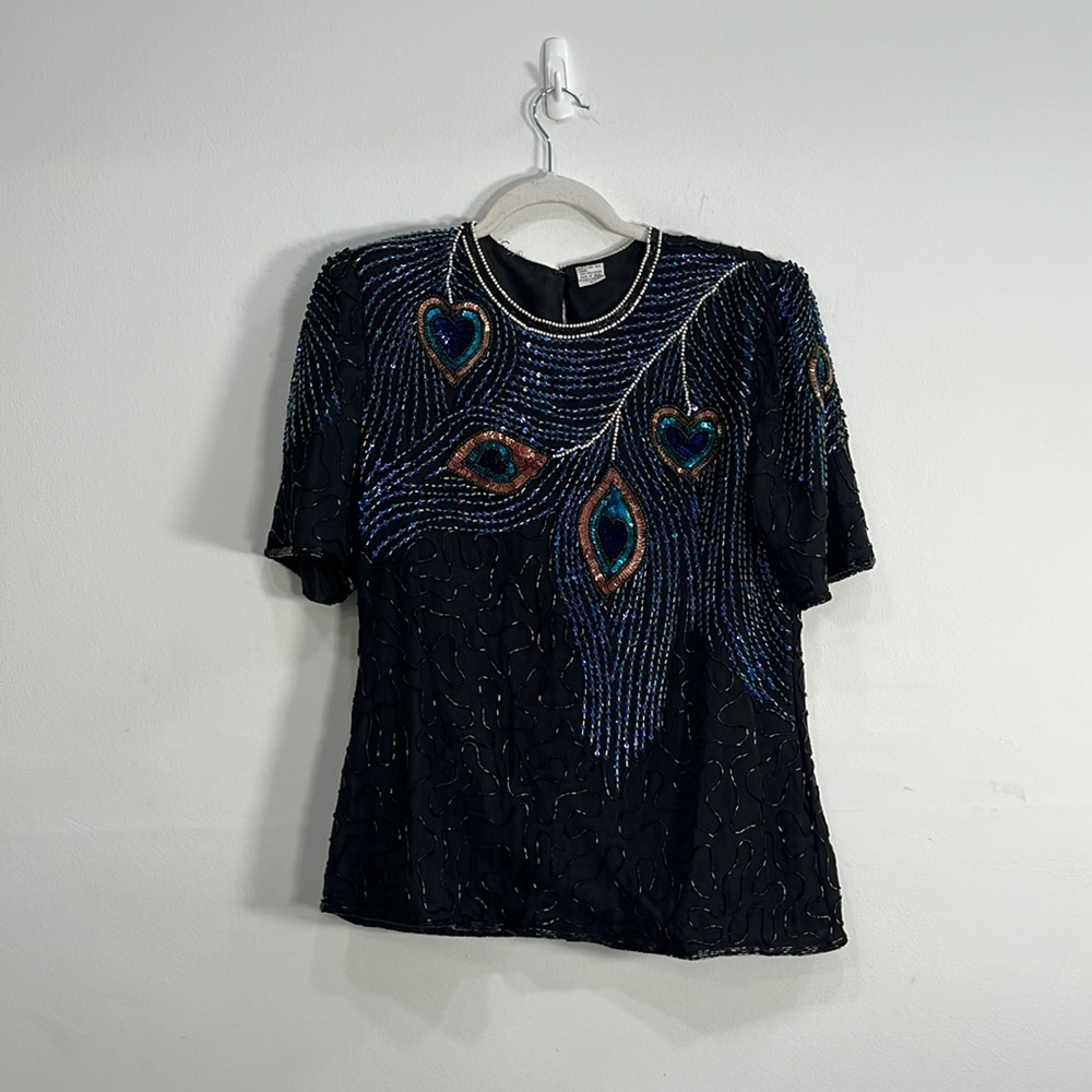 Silk Sequin Womens Top vintage size L short sleeve Peacock feathers